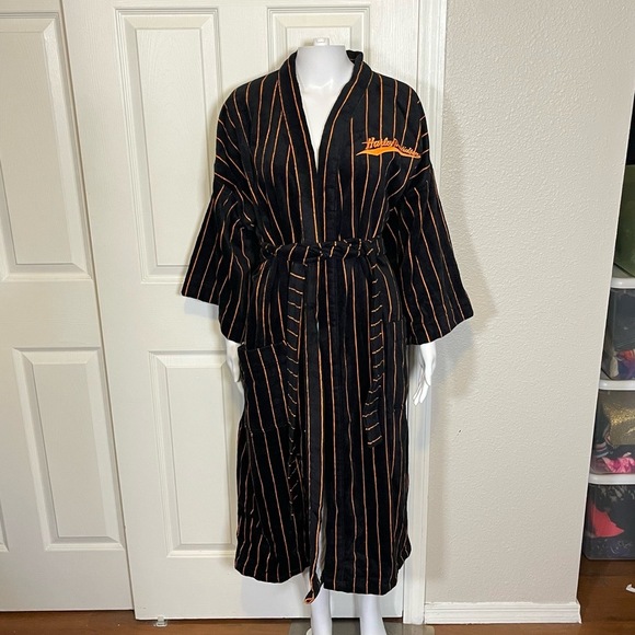 Vintage Harley-Davidson Mens Striped Belted Robe Biker Shield Embroidered Terry - Picture 2 of 7